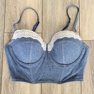 Colsie Denim Blue Crop Top with White Lace